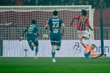 Evann Guessand (R) scored Nice's opening goal in the seventh minute