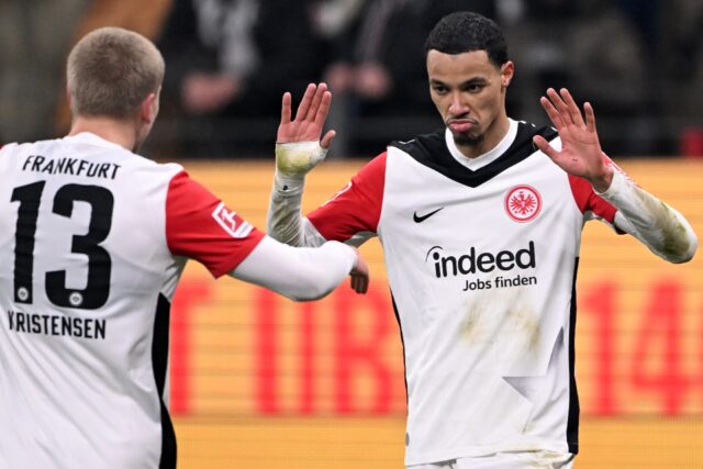 Frankfurt forward Hugo Ekitike (R) scored the opener as his side beat Dortmund at home 2-0