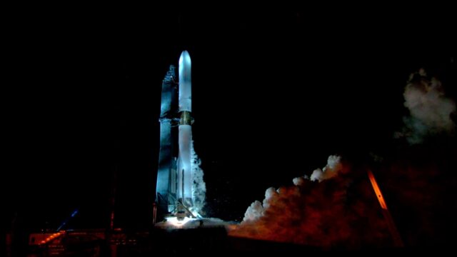 The New Glenn rocket is seen during a hot fire test at the Cape Canaveral Space Force Stat