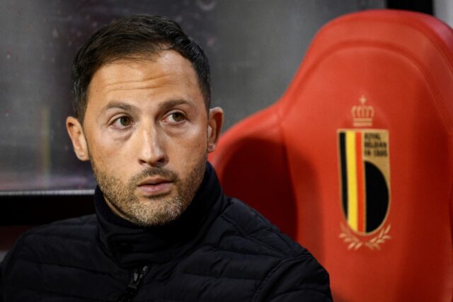 Hot seat: Domenico Tedesco watching his Belgium team lose at home to France in the Nation