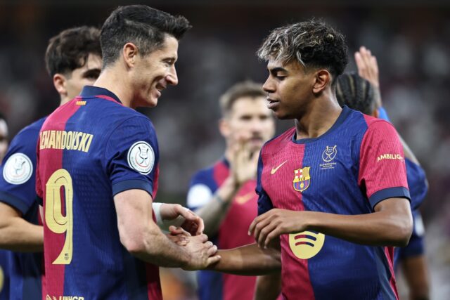Lamine Yamal celebrates with Robert Lewandowski after scoring in Jeddah