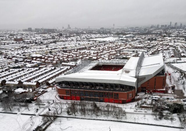 Liverpool's Anfield Stadium coated in snow ahead of Sunday's clash with Manchester United