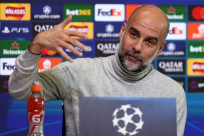 Manchester City manager Pep Guardiola speaks at a press conference ahead of his side's Cha