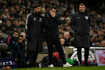 Manchester United manager Ruben Amorim (C) during Sunday's game at Fulham