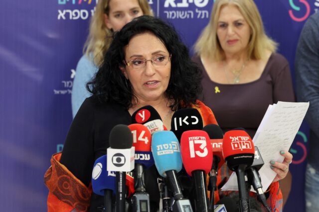 Meirav Leshem Gonen, the mother of freed hostage Romi Gonen, speaks during a press confere