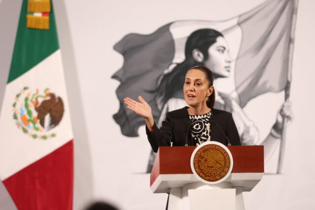 Mexico's President Claudia Sheinbaum speaks during her daily press conference at the Natio