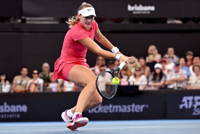 Mirra Andreeva of Russia hits a return in Brisbane