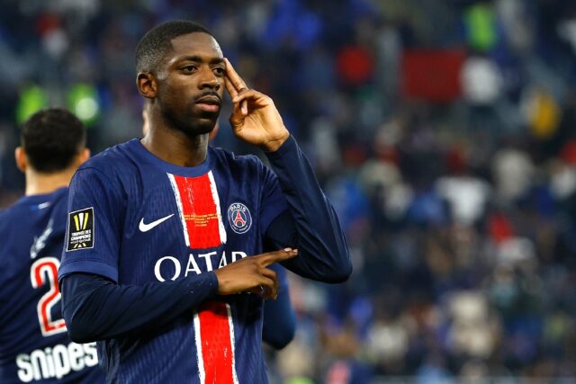 Ousmane Dembele celebrates scoring PSG's late winner against Monaco in the French Champion