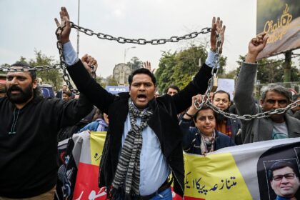 Pakistan Federal Union of Journalists members protest in Islamabad against legislation cri