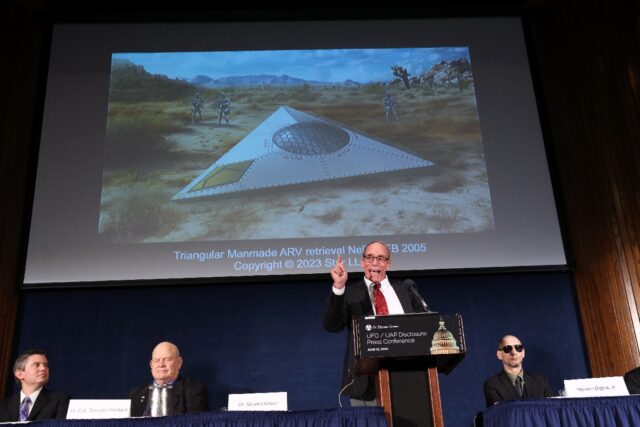 A press conference in Washington discusses supposed alien activity -- an increasingly comm