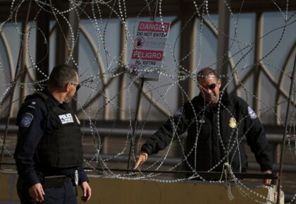 US Customs and Border Protection officers conduct a training exercise at the Paso del Nort