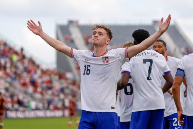 USA midfielder Jack McGlynn celebrates his goal during the USA against Venezuela internati