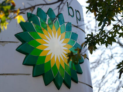 A sign at a BP petrol station in London, Tuesday, Feb. 7, 2023. British energy company BP