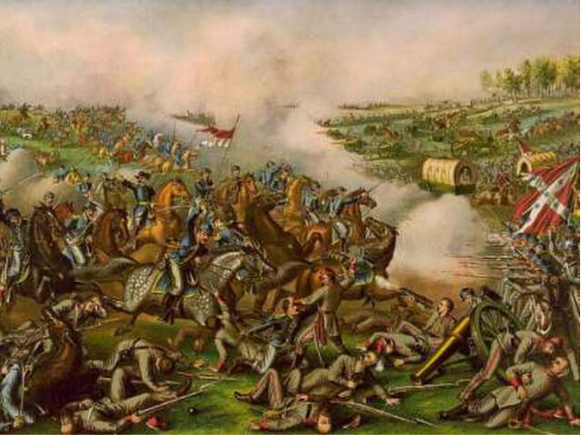 Battle of Five Forks, VA lithograph of Sheridan's charge at Five Forks, published c.1886 by Kurz & Allison