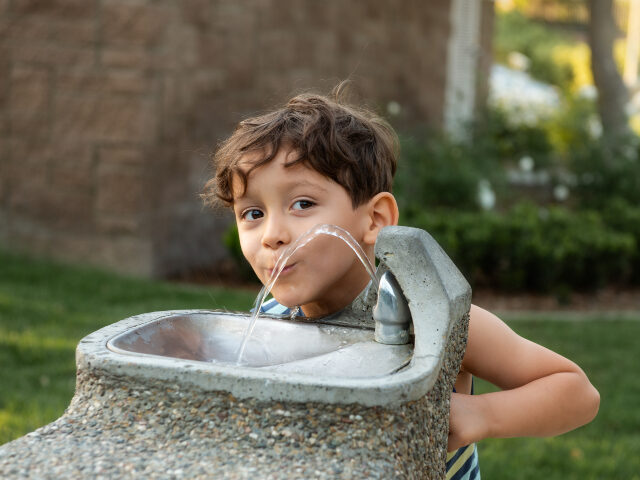 A cute little boy with brown hair and brown eyes looks slightly misheivous while drinking