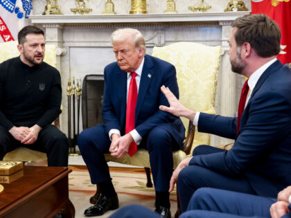 Volodymyr Zelenskiy, Ukraine's president, from left, US President Donald Trump, and V