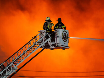 Firefighters battle a blaze at SPS Technologies in Jenkintown, Pa., Monday, Feb. 17, 2025.