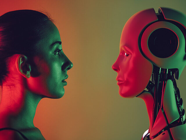 Robot and young woman face to face.