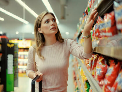 Woman Looks Shocked in a Grocery Supermarket Price Increase and Inflation