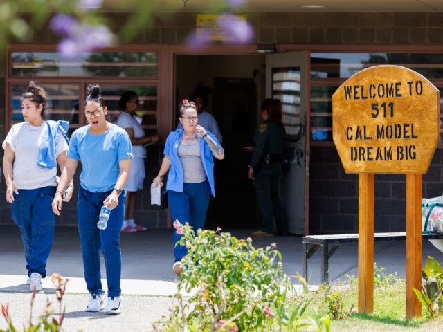 Women prisoners room freely outside their dorm unit on June 18, 2024 in Chowchilla, Califo