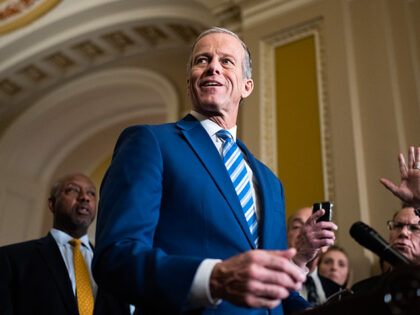 Senate Majority Leader John Thune, R-S.D., conducts a news conference after the senate lun