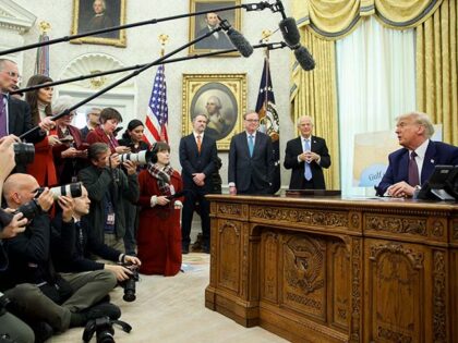 US President Donald Trump speaks during an executive order signing in the Oval Office of t