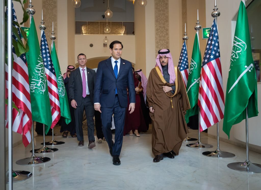 RIYADH, SAUDI ARABIA - FEBRUARY 17: (----EDITORIAL USE ONLY - MANDATORY CREDIT - 'SAUDI ARABIA FOREIGN MINISTRY / HANDOUT' - NO MARKETING NO ADVERTISING CAMPAIGNS - DISTRIBUTED AS A SERVICE TO CLIENTS----) US Secretary of State Marco Antonio Rubio (L) meets with Saudi Foreign Minister Faisal bin Farhan Al Saud (R) in Riyadh, Saudi Arabia on February 17, 2025. (Photo by Saudi Arabia Foreign Ministry / Handout /Anadolu via Getty Images)