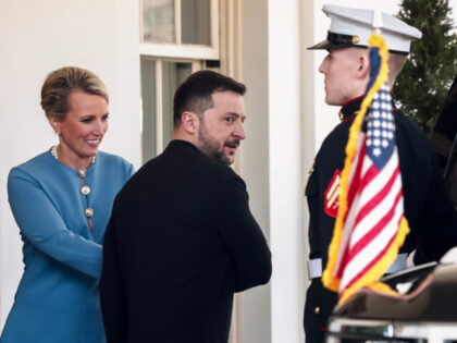 Volodymyr Zelenskiy, Ukraine's president, center, departs following a meeting with US