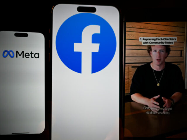 The Meta and Facebook logos are seen along a video by Mark Zuckerberg in this illustration