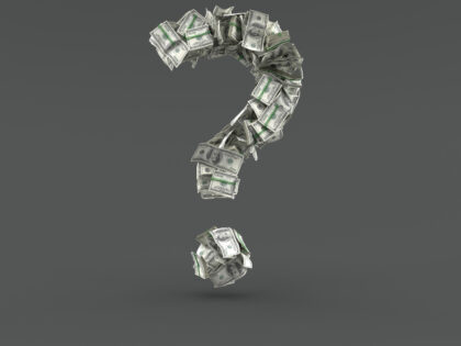 Dollar currency in question mark shape isolated on grey background. 3d illustration