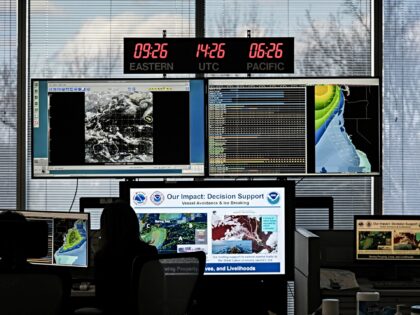 Workers in front of monitors at the National Oceanic and Atmospheric Administration (NOAA)