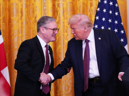 UK Prime Minister Keir Starmer and U.S. President Donald Trump shake hands at a joint pres