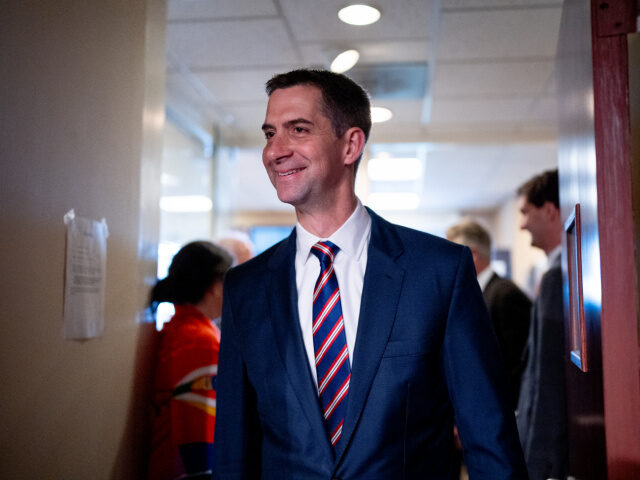 Sen. Tom Cotton (R-AR) arrives for a news conference on Capitol Hill on May 1, 2024 in Was