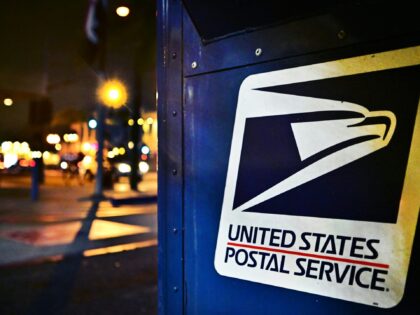 The United State Postal Service emblem is seen on the side of a mailbox in Monterey Park,