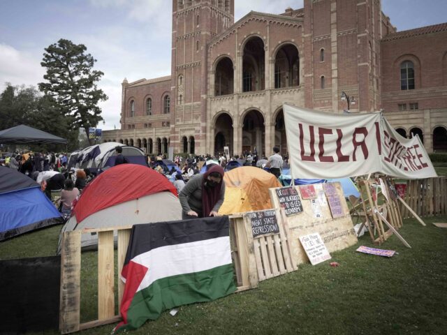 A makeshift camp supporting the Palestinians cause is staged on the UCLA campus, Thursday,