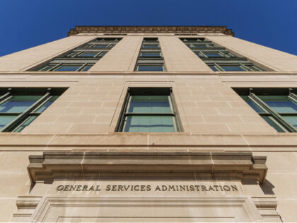 WASHINGTON, DC - JANUARY 29: Bronze lettering marks an entrance to the U.S. General Servic