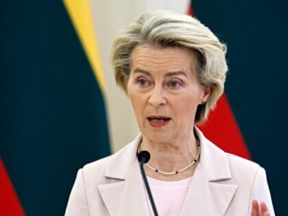 European Commission President Ursula von der Leyen addresses a press conference at the pre