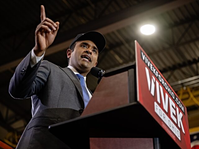 CINCINNATI, OHIO - FEBRUARY 24: Vivek Ramaswamy gestures while giving remarks to the audie