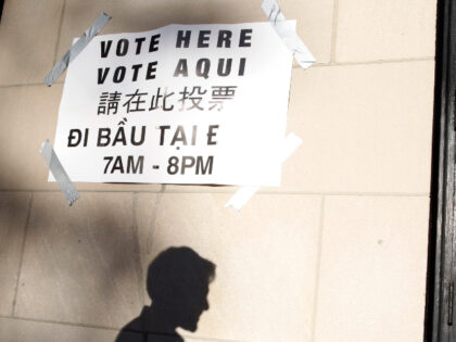 A man's shadow is cast beneath a Vote Here sign, translated in several languages, at