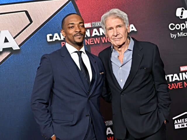 HOLLYWOOD, CALIFORNIA - FEBRUARY 11: Anthony Mackie and Harrison Ford attend the World Pre