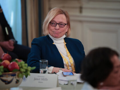 WASHINGTON, DC - FEBRUARY 21: Gov. Janet Mills (D-ME) reacts after challenging U.S. Presid