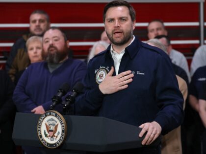 US Vice President JD Vance speaks during a visit to East Palestine, Ohio, on February 3, 2