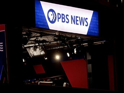 PBS News signage during the Republican National Convention (RNC) at the Fiserv Forum in Mi