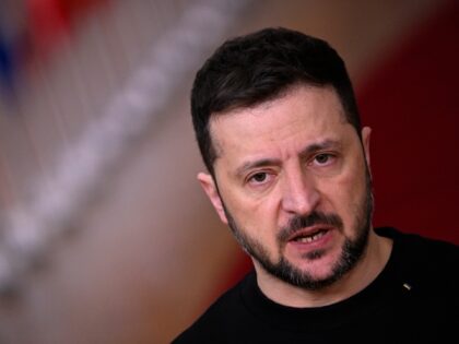 Ukraine's President Volodymyr Zelensky speaks to the press prior to the European Council m