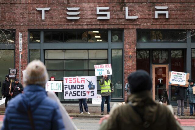 Anti-Elon Musk protesters have taken to Tesla showrooms across the United States