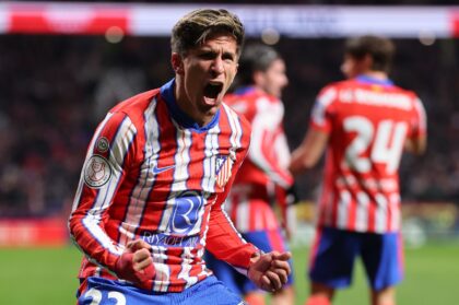 Atletico Madrid's Argentine forward Giuliano Simeone celebrates scoring his second goal ag