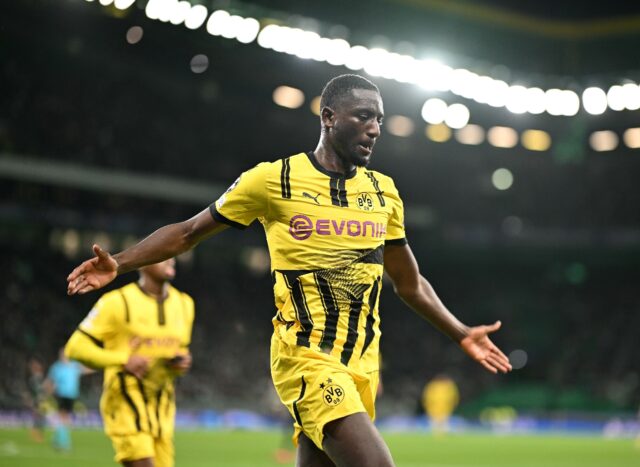 Borussia Dortmund's Guinean forward Sehrou Guirassy celebrates scoring his team's first go