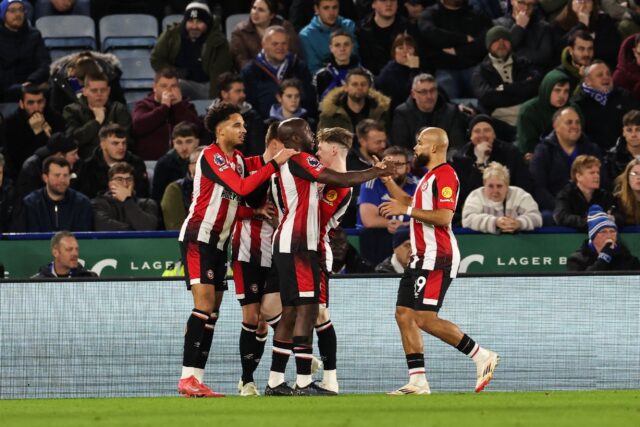 Brentford celebrate during their win at Leicester