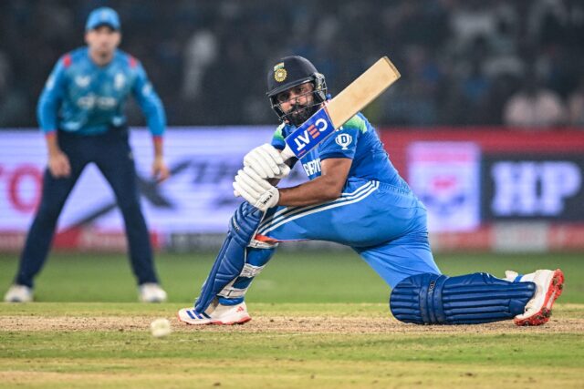 Back in business: India's captain Rohit Sharma on his way to a century in Sunday's win ove