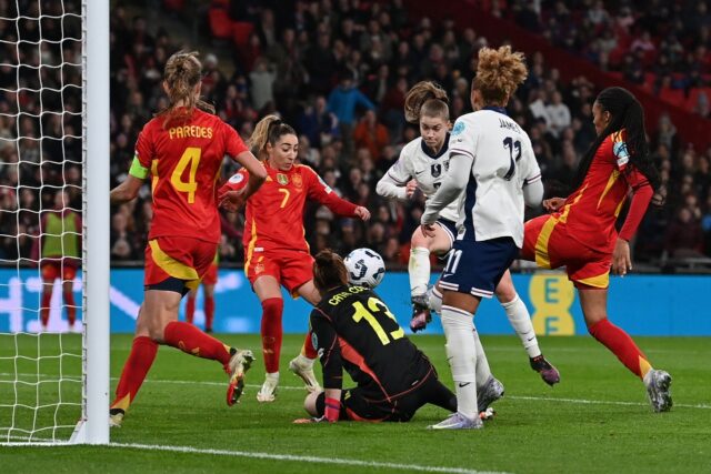 England's Jess Park scores against Spain in the Women's Nations League